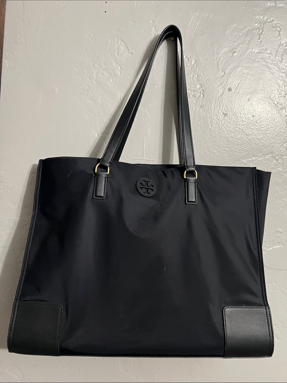 Tory Burch Black Nylon Tote with Patent Logo Trim